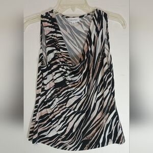 Calvin Klein Zebra Print Sleeveless Blouse - Black, White, and Tan Size Medium